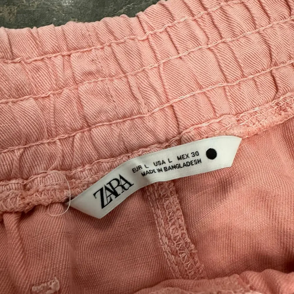 ZARA Linen Blend Elastic Drawstring Waist Frayed Hem Pants Coral Pink Womens L